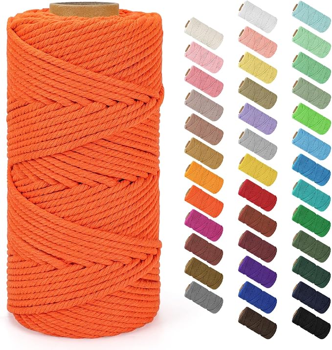 Macrame Cord 4mm x 109Yards (328Feet), Natural Cotton Macrame Rope - 4 Strands Twisted Macrame Cotton Cord for Wall Hanging, Plant Hangers, Crafts, Gift Wrapping and Wedding Decorations, Orange