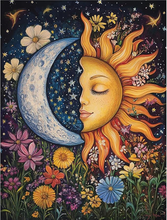 Sun&Moon Diamond Art Kits for Adults,Flowers Diamond Painting Wall Decor