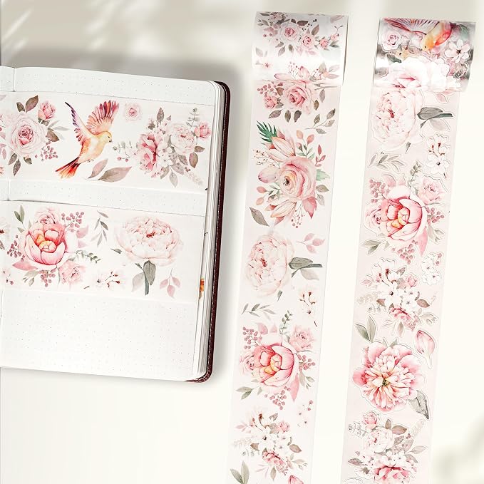 WT Pre-Cut Pink Velvet Wide PET Tape, Single Roll, Original Designs, Transparent Floral Adhesive, Durable Decorative Clear Tape for Journaling, Scrapbook, Planner, DIY Crafts, Bujo Supplies, 60mm×5m