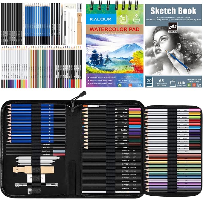 KALOUR 76 Drawing Sketching Kit Set - Pro Art Supplies with Sketchbook & Watercolor Paper - Include Tutorial,Pastel,Watercolor,Sketch,Colored,Metallic,Charcoal Pencils - for Artists Beginners Adults