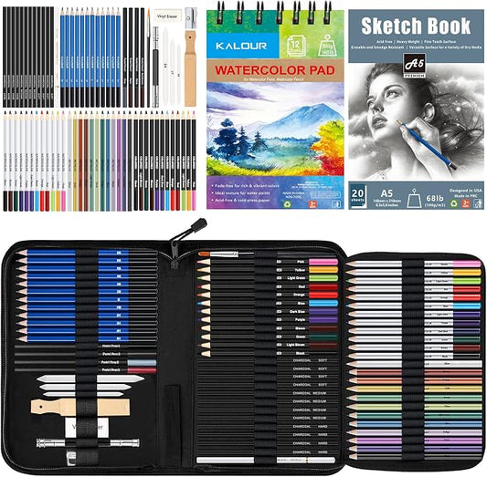 KALOUR 76 Drawing Sketching Kit Set - Pro Art Supplies with Sketchbook & Watercolor Paper - Include Tutorial,Pastel,Watercolor,Sketch,Colored,Metallic,Charcoal Pencils - for Artists Beginners Adults