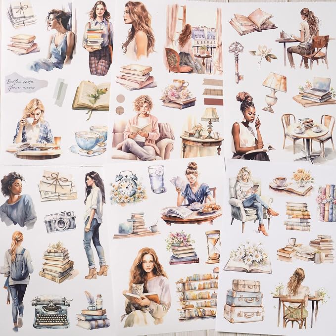 YagCu Journaling Sticker Book, Reading and Writing Scrapbook Stickers, Junk Journal Supplies, Pre-Cut Aesthetic Scrapbooking for Women, Collage Decorative Ephemera Bullet Planner DIY Arts