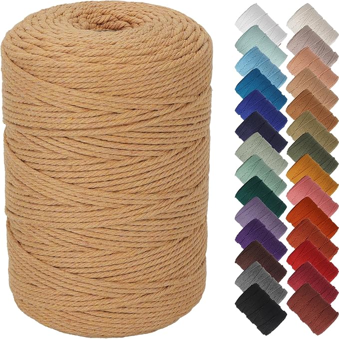 NOANTA Light Tan Macrame Cord 3mm x 328yards, Cotton Rope Macrame Yarn | Macrame Rope Supplies, 3 Strand Twisted Cotton Yarn String, Cotton Cord for Wall Hanging, Plant Hangers, Crafts, Knitting