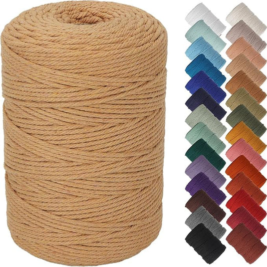 NOANTA Light Tan Macrame Cord 3mm x 328yards, Cotton Rope Macrame Yarn | Macrame Rope Supplies, 3 Strand Twisted Cotton Yarn String, Cotton Cord for Wall Hanging, Plant Hangers, Crafts, Knitting