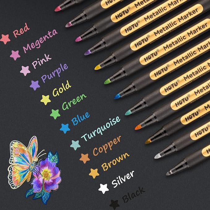 HOTU Metallic Marker Pens,12 Colors, 2MM Medium Tip for Black Paper