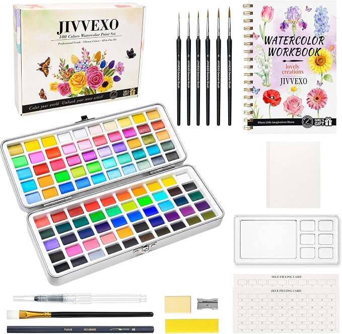 100 Colors Watercolor Paint Set with Watercolor Workbook for Adults | Travel Watercolor Set with 14 Pre-Drawn Projects, 1 Water Brush, 6 Detail Brushes & Painting Supplies for Teens & Beginners