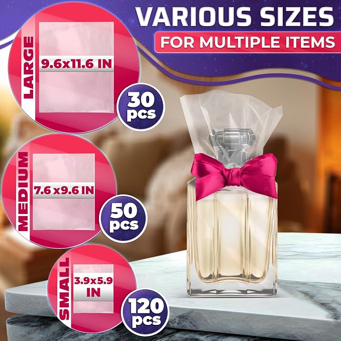 200 Pcs Heat Shrink Wrap Bags, 3 Sizes, Clear PVC for Gift Wrapping | Heat Seal Bags; Heavy-Duty; 3.93x5.90 (120) 7.67x9.64 (50) 9.64x11.61 (30) In; for Soap, Candles, Bath Bombs, & DIY Packaging