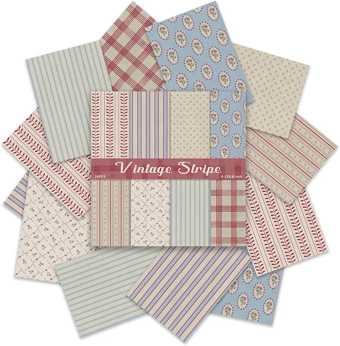 PRSTINCOL Scrapbook Paper,16 Sheets 4.1x5.8 Inch Vintage Stripe Style Scrapbook Supplies,Single-Sided Vivid Origami Decoupage Paper for DIY Crafts, Card Making, Art Journaling