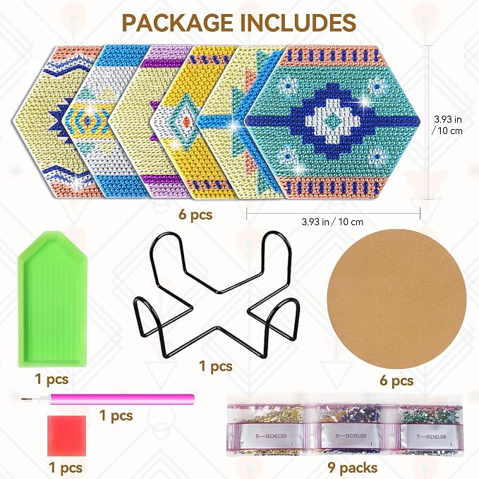 Vcekract 6 Pcs Hexagon Diamond Art Coasters Kit for Adults | Diamond Painting Coasters with Holder & Protective Backing, Diamond Art Adult Crafts for Table Home Decoration