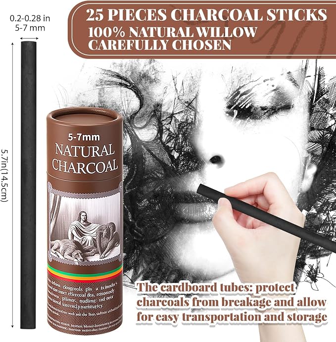 Gueevin 25 Pcs Soft Willow Charcoal Sticks Drawing,5-7mm | For Artists Beginners Students, Vine Charcoal Bulk for Sketching Shading Fine Art, Assorted Sizes, Back to School Gifts