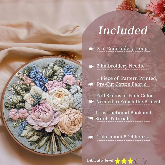 FONNUY Bouquet Flowers Embroidery Kit for Beginners, Pre-Stamped Pattern Kits for Adults with Hoop, Easy to Follow Color Thread Needlework, 8'' Hoop (Heartwarming)