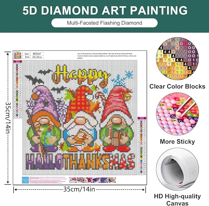 Diamond Art Kits for Adults, Halloween Diamond Painting Kits 13.8x13.8 inch | Halloween Gnomes Diamond Art Painting Kits for Adults, 5D Round Full Drill Gem Art Diamond Dots Crafts Kits, Home Wall Decor