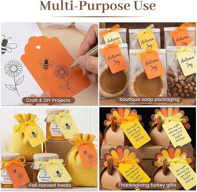 SallyFashion 100PCS Yellow Orange Gift Tags with Organza Ribbons | Four Gradient Colors and Three Matching Ribbon Rolls Suit Fall Gifts and Themed Parties