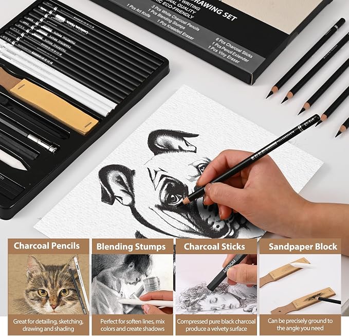 GETHPEN Charcoal Pencils for Drawing, S-Soft, Soft, Medium, Hard, 27Pcs | Black White Charcoal Pencils Kit, Drawing Pencils for Sketching, Shading, for Teens, Adults, Beginners & Artists