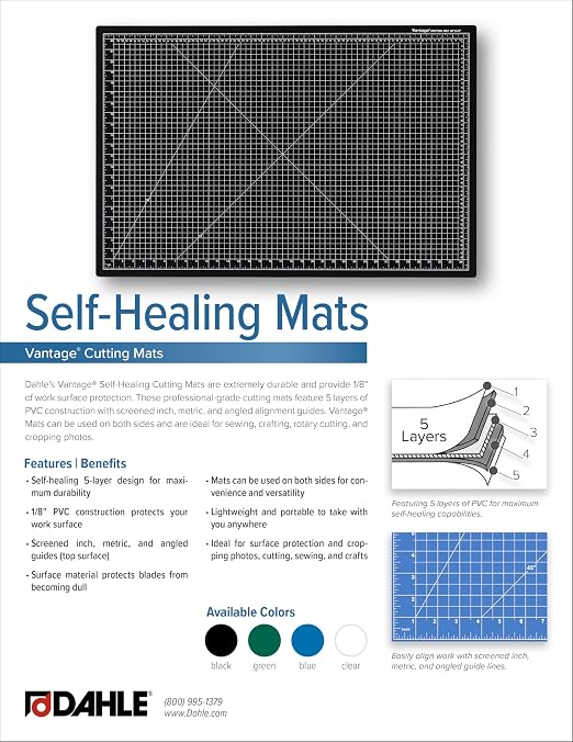 Dahle Vantage 10690 Premium Self-Healing Cutting Mat, 9"x12", 1/2" Grid, 5 Layers for Max Healing, Perfect for Crafts & Sewing, Blue