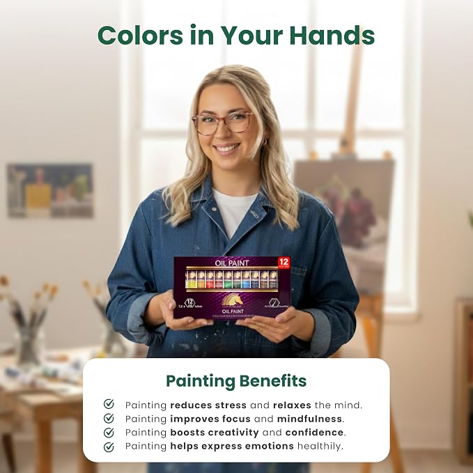 MyArtscape Oil Paint Set - 12 x 12ml Artist Oil Paint Tubes | Rich pigment oil paint set with smooth blending glossy finish and excellent coverage for canvas painting