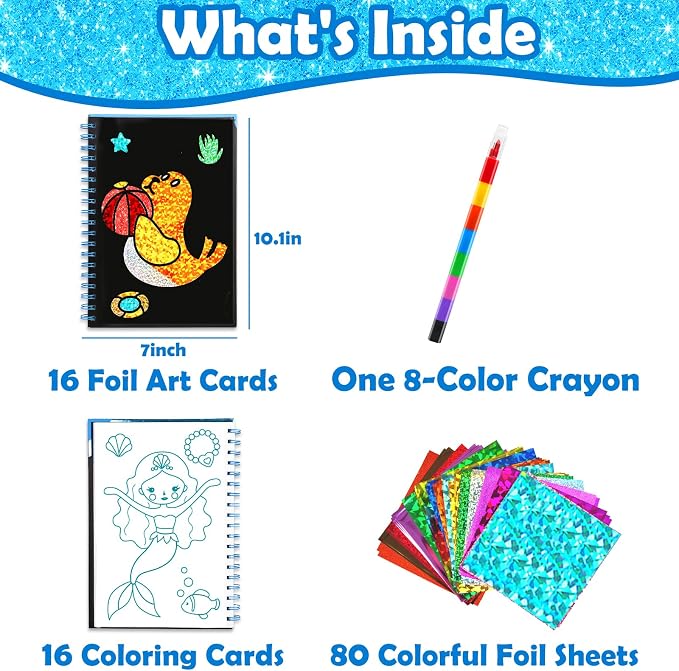 FUNNYB&G Foil Art Craft Kit for Kids, Sparkly Birthday Gift Toy for Kids | No Mess, Kids Ages 4-10 Create Sparkling Artwork, A Creative Gift for Birthdays, Holidays, Travel Activities,Screen-Free Fun