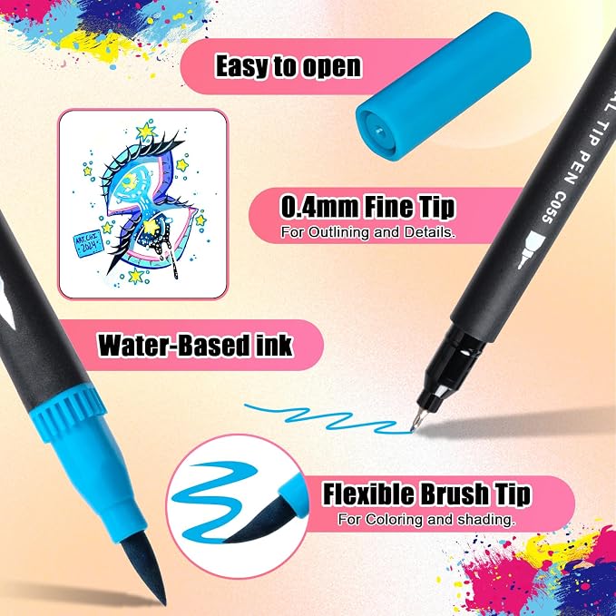 Art Supplier Dual Brush Markers Pens, 110 Artist Coloring Marker Set | Fineliner & Brush Tip Pen with Premium Case, Double Tip Pens for Adults Coloring Books & Journal, Drawing, Doodling