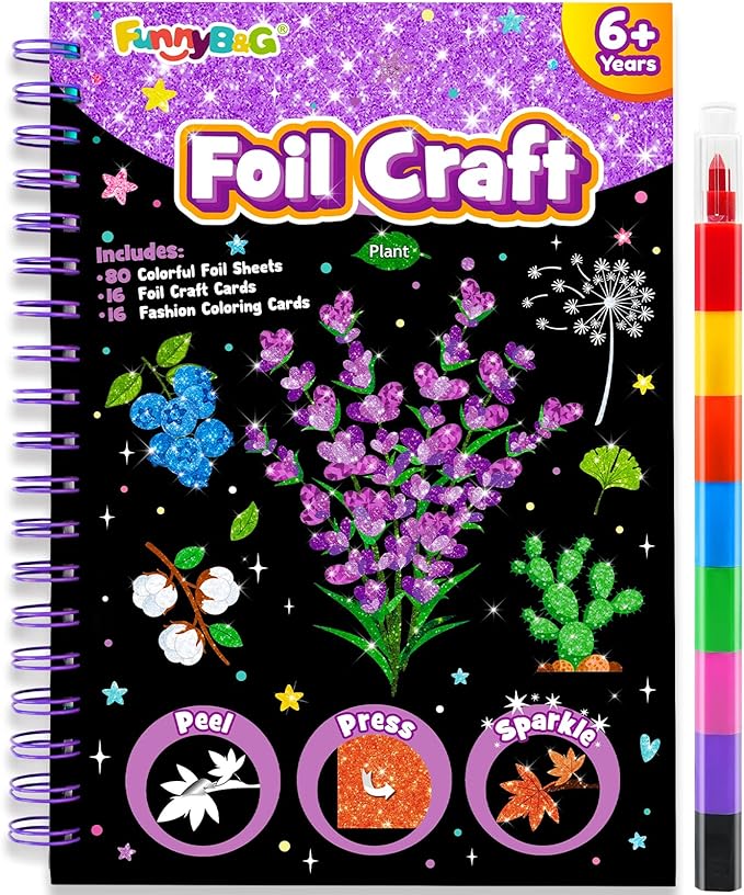 FUNNYB&G Foil Art Craft Kit for Kids, Sparkly Birthday Gift Toy for Girls | No Mess, Kids Ages 4-10 Create Sparkling Artwork, A Creative Gift for Birthdays, Holidays, Travel Activities,Screen-Free Fun