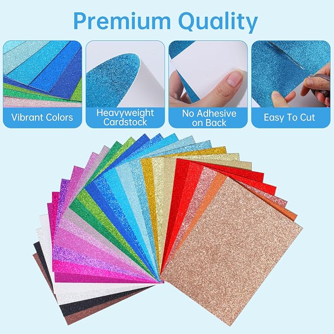 50 Sheets in 25 Colors Glitter Cardstock, Standard A5-Size Glossy Cardstock, Premium No-Shed Sparkly Cricut Cardstocks for Crafting Decorations, Cards, Scrapbooks, And DIY Projects