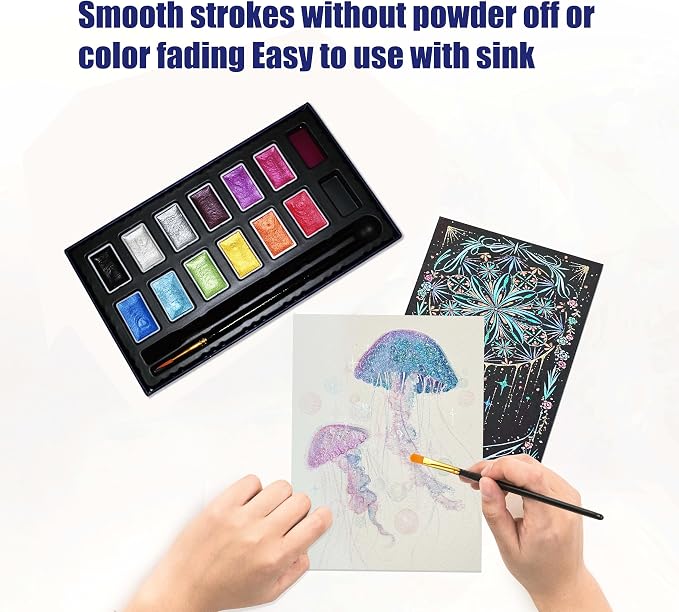 Shimmer Watercolor Paint Set, 12 Colors Glitter Metallic Watercolour Painting Sets, Solid Pearl Water Color Paints for Artists, Amateur Hobbyists and Painting (12 Colours)