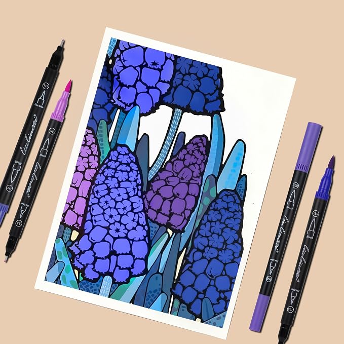 LIULIUCAI 10 Purple Dual Marker, Fine & Brush Tip Pen for Adult Coloring