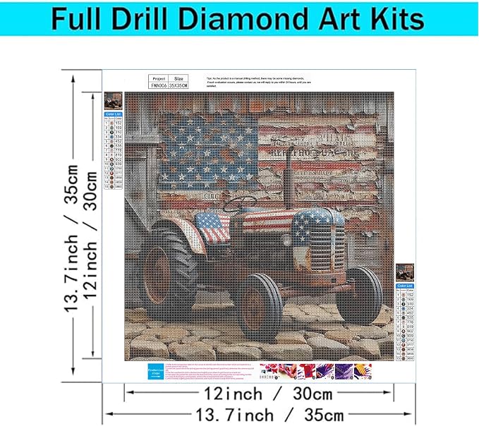 American Flag Tractor Diamond Art Kit for Adults Rustic Farmhouse 13.7"