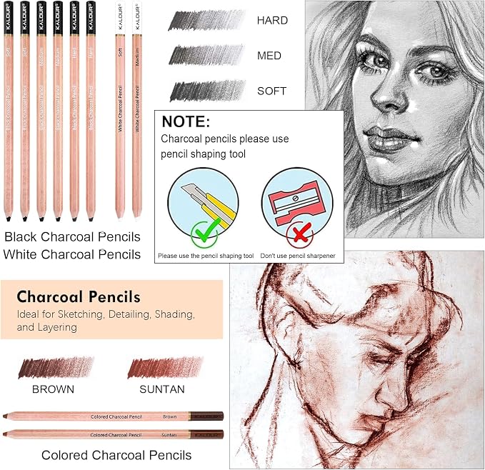 KALOUR PDAS 22pcs Charcoal Drawing Set, Professional Art Supplies, Black & White Charcoal Pencils for Drawing, Sketching, Shading, Blending, Artist Pencils for Beginners & Pro Artists