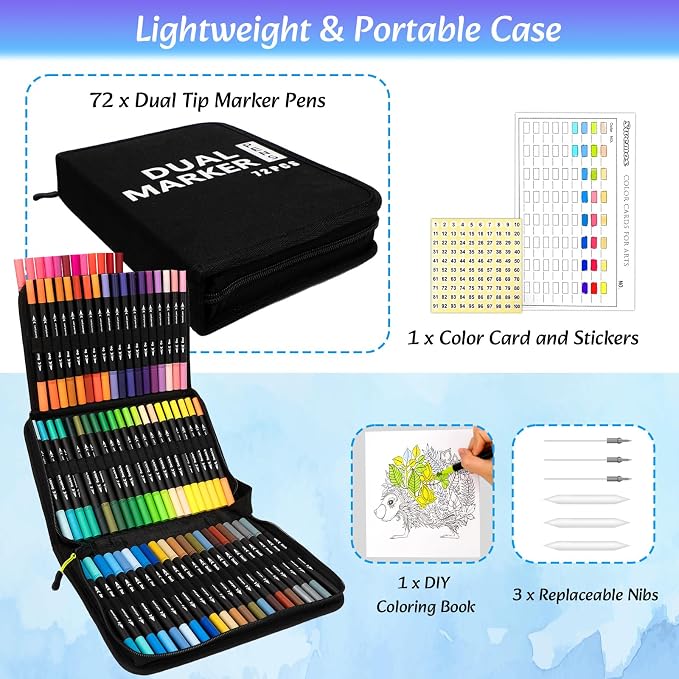 Markers for Adult Coloring Books No Bleeding, 72 Dual Tip Coloring Markers