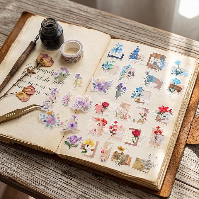 Pengxiaomei 210 Flower Stickers, Self-Adhesive Scrapbooking Stickers | Botanical Flower And Quote Designs; Peel-And-Stick; For Scrapbooks, Planners, Notebooks, Cards