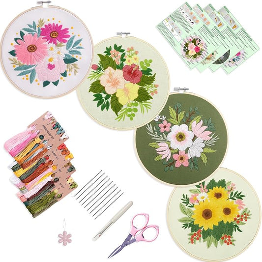 Bonroy 4 Sets Embroidery Set for Beginners, Art Craft, Easy Sewing Embroidery Kit Includes Embroidered Clothes with Patterns, Embroidery Hoops, Instruction Manual, Color Stitch Set (3)