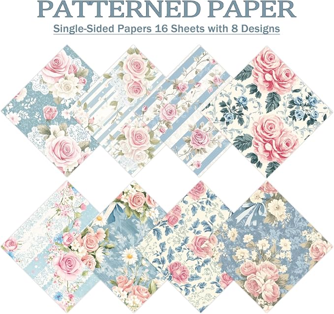 PRSTINCOL Scrapbook Paper,16 Sheets 6 x 6 Inch Romantic Style Scrapbook Supplies,Single-Sided Vivid Origami Decoupage Paper for DIY Crafts, Card Making, Art Journaling