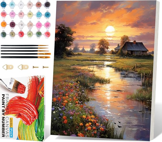 Framed Paint by Numbers Kit for Adults 16x20 Inch, Countryside Sunset | DIY Acrylic Painting by Numbers Riverside Cabin, With Frame Canvas, Stress Relief Craft Kits, For Home Decor Gift