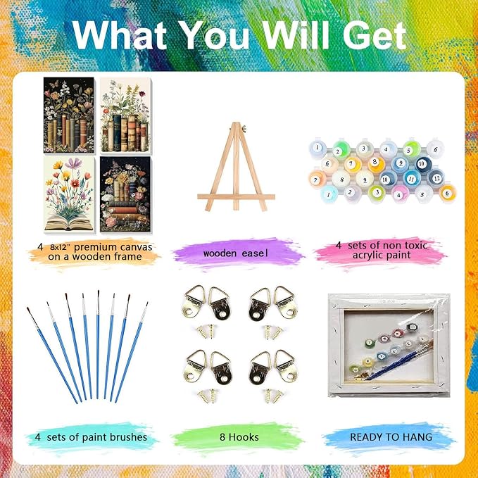 4 Pack Book Paint by Numbers for Adults with Framed Canvas - Wooden Easel | Book Paint by Number for Beginners, Flowers Acrylic Oil Painting on Canvas with Brushes for Home Wall Decor (8x12 inch)