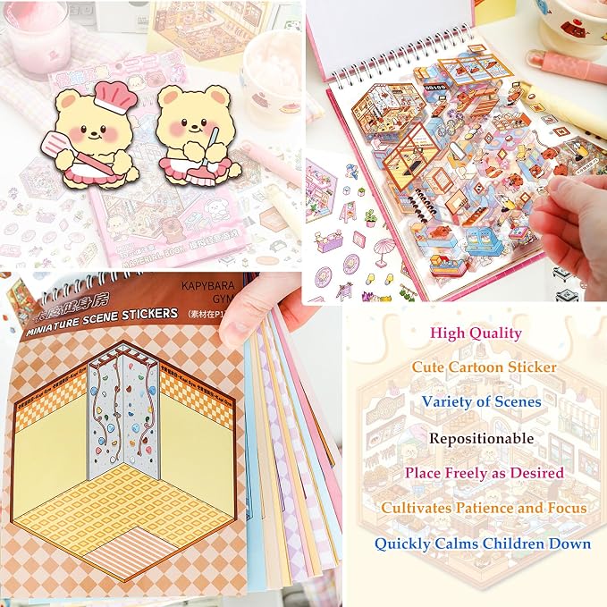 20 Sets 3D Sticker Scenes for Adults Fun Mini Cute Kawaii Stickers Therapy 3D Scenes 3D House Stickers Set Relief Stress Pass The Time