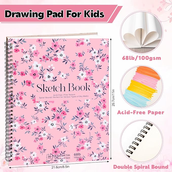 4 Pack Sketch Book for Kids, 8.5 × 11 in, Spiral Bound, 30 Sheets Each | 100gsm Acid-Free Paper, Hardcover with Backboard, Lay-Flat Top Spiral, Ideal for Graphite, Crayon, Charcoal & Colored Pencil