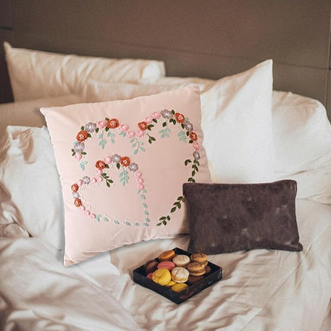 Crewel Pillow Case Embroidery Kit, Heart Shaped Loving You Floral Stamped Pattern Kits for Audlt Beginners, Works Crafts Throw Pillow Cover Great Gift for Loved Ones, 18 x 18'' (Coral)