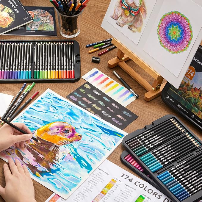 Shuttle Art 174 Colored Pencils for Adults, Soft Core Coloring Pencils Set with 1 Coloring Book, 1 Sketch Pad, 4 Sharpener, 2 Pencil Extender, Perfect for Artists Kids Adults, Drawing