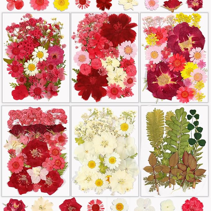 Dried Flowers, Resiners 174Pcs Pressed Flowers for Craft Red Real Natural Dried Flowers Dry Leaves Kit for DIY Making Crafts Resin Soap Candle Scrapbook Supplies Card Making Jewelry