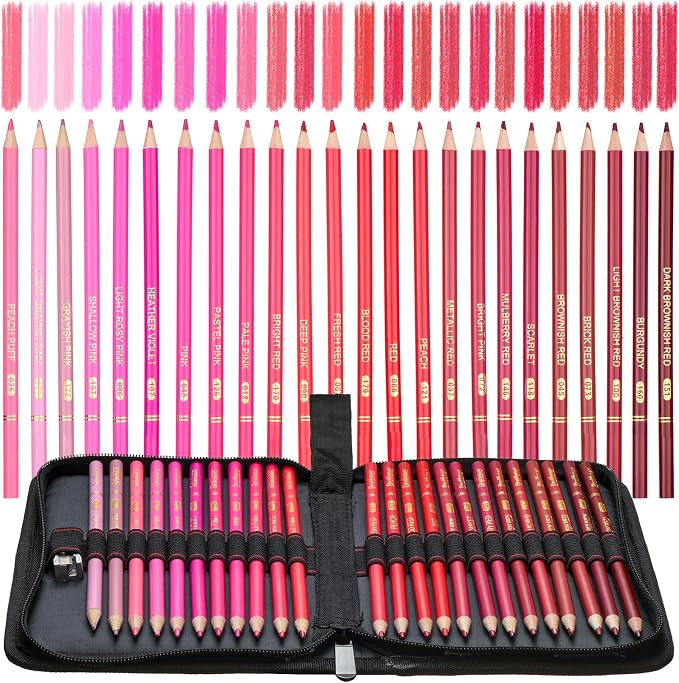 Red Pink Colored Pencils,Oil Based Wooden Colored Pencil Set for Adults Coloring Books Drawing Sketching Art Supplies 24 Color
