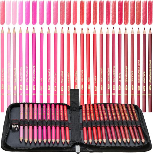Red Pink Colored Pencils,Oil Based Wooden Colored Pencil Set for Adults Coloring Books Drawing Sketching Art Supplies 24 Color