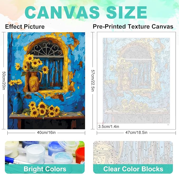 Paint by Numbers Kit for Adults, Window Sunflower Painting, 16 x 20 Inch | DIY Adult Paint by Number Kit on Canvas for Beginners, without Frame, Rustic Wall Decor, Stress Relief Craft Gift