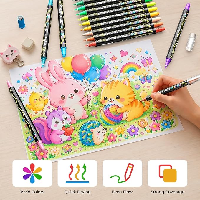 Betem 24 Colors Dual Tip Acrylic Paint Markers, Fabric Decorating Kits | Premium Water-Based Acrylic Paint Pens Art Supplies for Fabric, Rock, Wood, Glass, Canvas, Ceramic, School Supplies