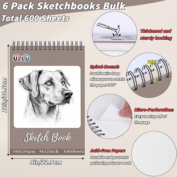 UZLU 6 Pcs Sketchbook Bulk 9 x 12 in 600 Sheets Top Spiral Bound Sketch Pad Drawing Paper 100 Sheets Each Acid Free Mixed Media Sketch Book 68lb/100gsm Art Supplies for Beginner Artist