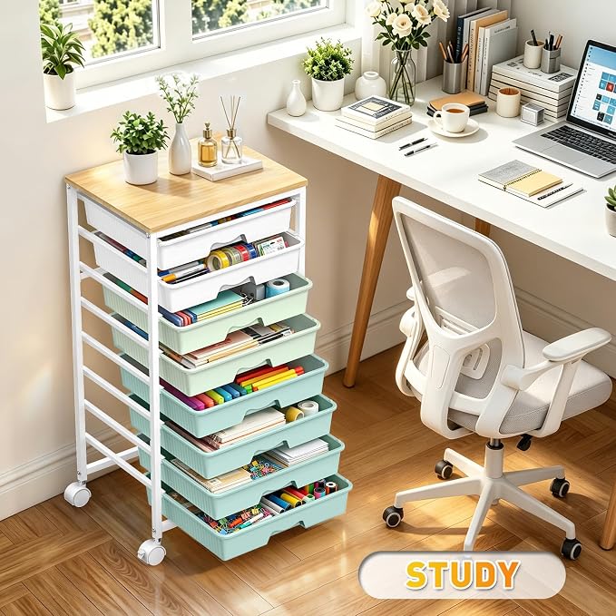 SUNALLY Rolling Cart With 8 Drawers,Storage Drawer Cart for Craft Art,Green | Storage Utility Cart with Wooden Tabletop & 2 Lockable Wheels, Teacher Storage Cart for Classroom School Storage, Makeup,Nail