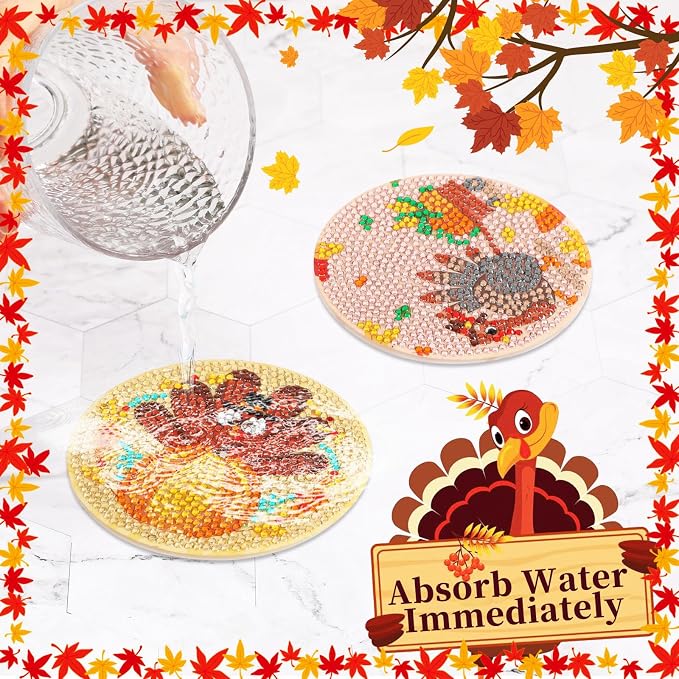 UPINS 8Pcs Fall Diamond Art Coasters with Holder | Thanksgiving Diamond Turkey Art Coasters Kits, for Adults Kids Beginners Diamond Craft Supplies