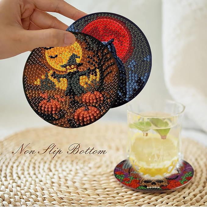 askkqtx 8 Pcs Halloween Diamond Art Coasters Kits with Holder 4X4 Inch