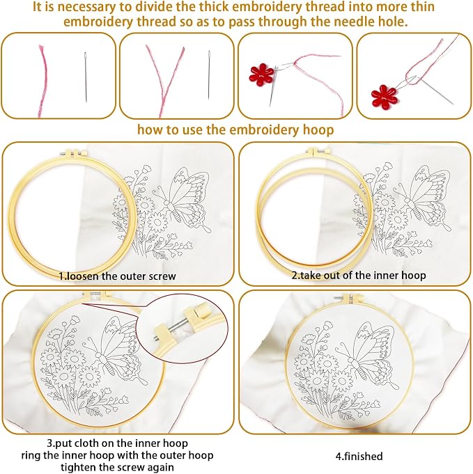 BEUNITONE 6 Set Embroidery Kit for Beginner Adults, Colorful Butterfly Floral DIY Cross Stitch Set with Stamped Pattern Hoops Threads Cloth Needles, Embroidery Starter Kit for Home Decor and Gifting