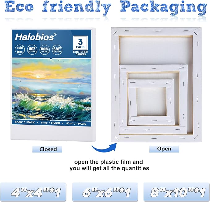 Halobios Stretched Canvases for Painting with 4x4 Inch, 6x6 Inch, 8x10 Inch, 3 Packs Pinting Blank Canvases for Acrylics,Oils & Other Painting Media, 5/8 Inch Profile 100% Cotton Artist Framed Canvas