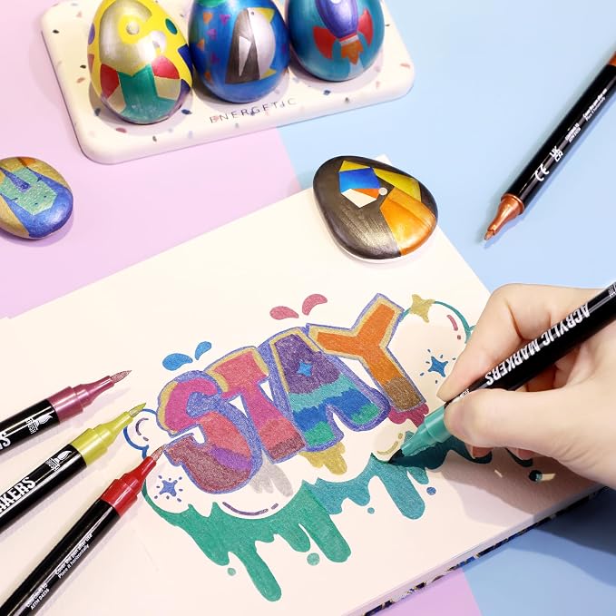 Pagather Metallic Acrylic Paint Markers, 24 Colors Dual Tip Pens Set | For Rocks, Fabric, Wood, Glass & More, Perfect for DIY Crafts and Creative Art Projects with Bright, Smooth and Quick-Dry Ink